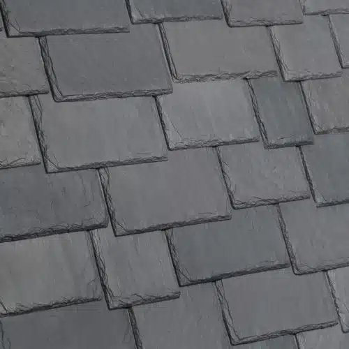 Detailed view of Castle Gray slate roofing tiles, demonstrating the superior craftsmanship of Inspire® Slate by DaVinci, ideal for homes in southeastern Pennsylvania.