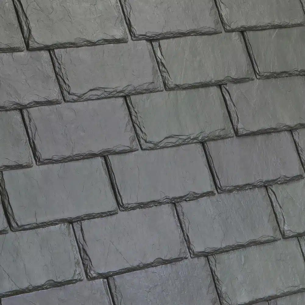 Detailed view of Evergeen slate roofing tiles, demonstrating the superior craftsmanship of Inspire® Slate by DaVinci, ideal for homes in southeastern Pennsylvania.