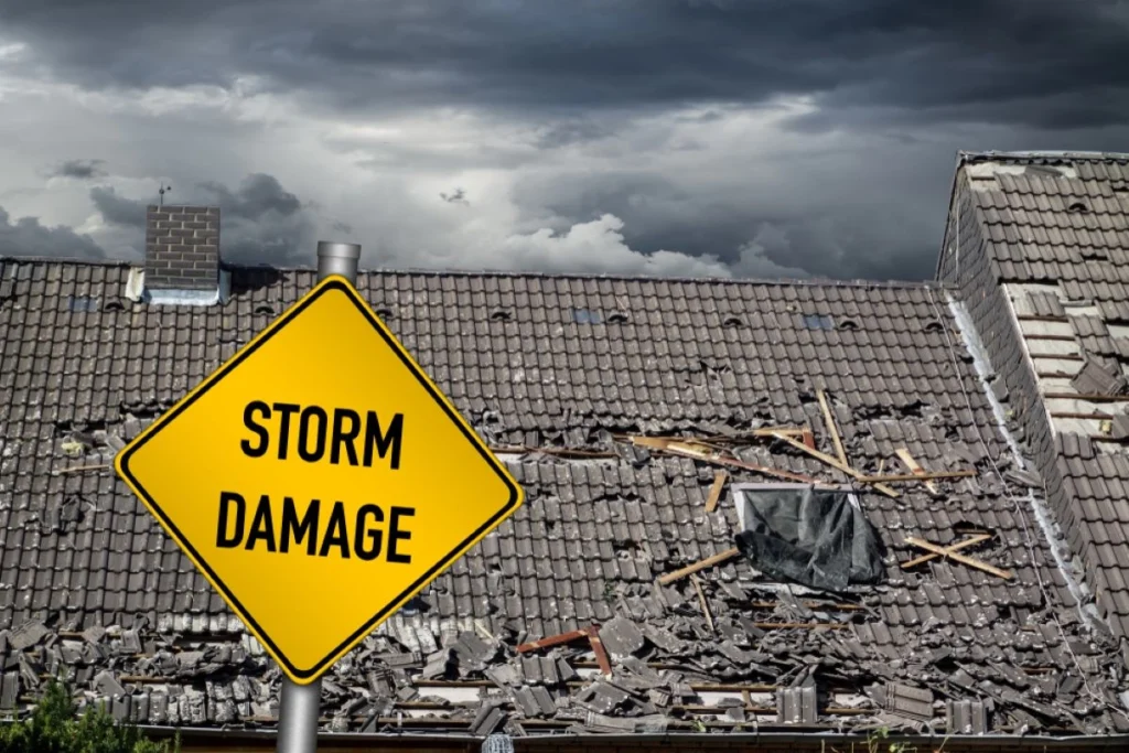 Roof with heavy storm damage. In front of it is a yellow caution sign displaying the words 'STORM DAMAGE'.