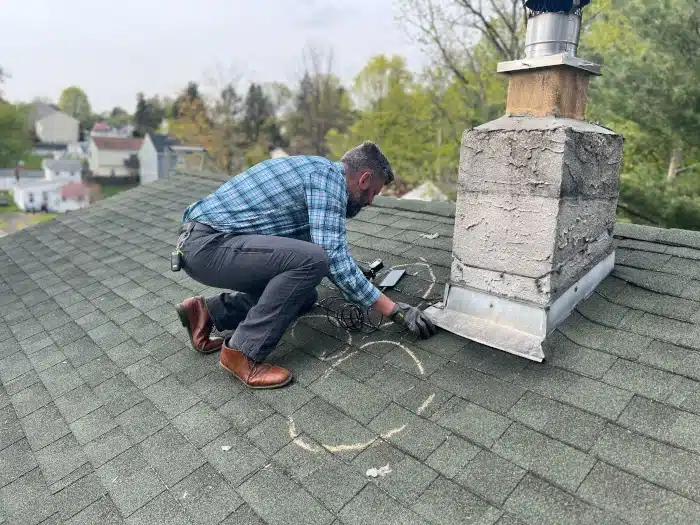 Professional performing roof inspection services by assessing flashing around a chimney on a shingle roof.