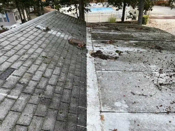 Side-by-side comparison of a deteriorated double wide mobile home roof and a newer roof installation, emphasizing factors that influence double wide mobile home roof replacement cost.