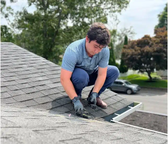 Inspector conducting roof inspection services by examining shingles and roof alignment for potential damage.