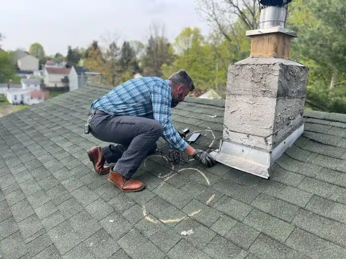 A professional roof inspector assessing chimney flashing and overall roof condition, a crucial step in deciding should I replace my roof before selling.